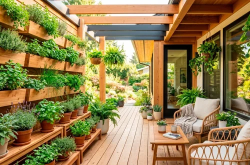 A beautifully styled small porch featuring lush vertical herb gardens and cozy seating.
