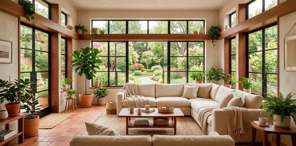 Beautiful neutral sunroom featuring plush cream seating terracotta tiles and lush green plants in natural sunlight