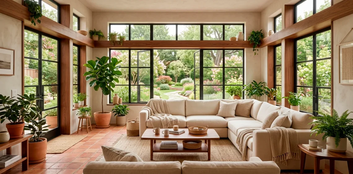 Beautiful neutral sunroom featuring plush cream seating terracotta tiles and lush green plants in natural sunlight