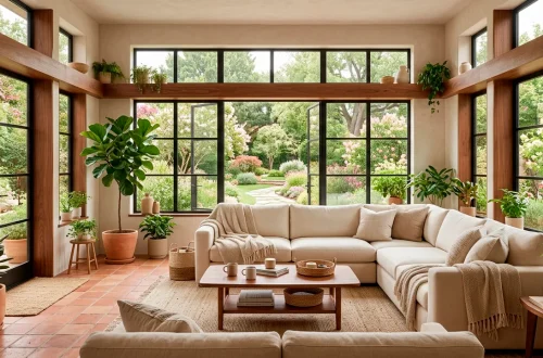 Beautiful neutral sunroom featuring plush cream seating terracotta tiles and lush green plants in natural sunlight