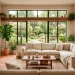 Beautiful neutral sunroom featuring plush cream seating terracotta tiles and lush green plants in natural sunlight