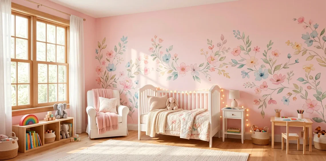Wide view of a dreamy kids bedroom with pastel watercolor floral wall decals above a cozy white crib.