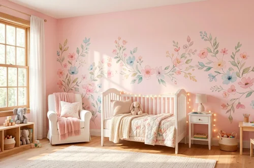 Wide view of a dreamy kids bedroom with pastel watercolor floral wall decals above a cozy white crib.