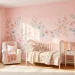 Wide view of a dreamy kids bedroom with pastel watercolor floral wall decals above a cozy white crib.