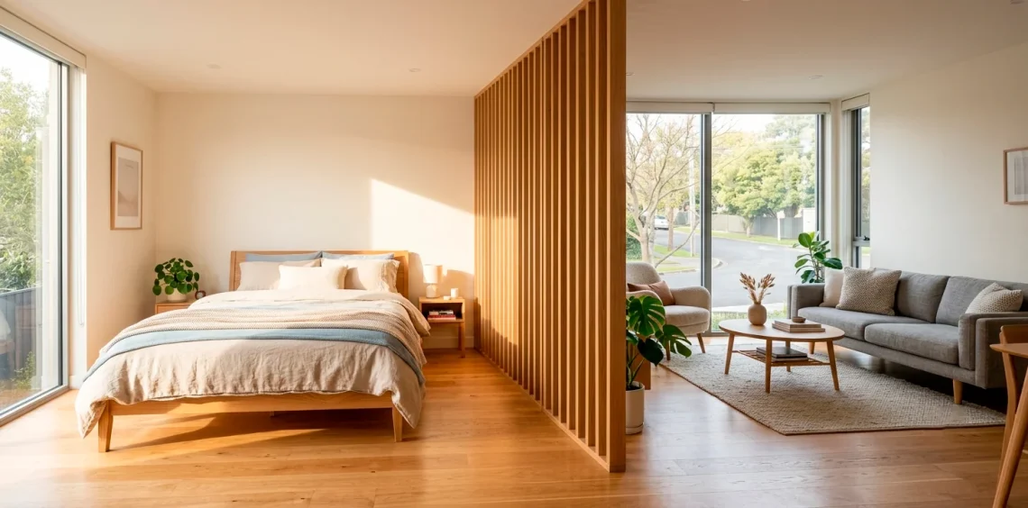 A modern wooden slat room divider separating a bedroom and living room in a small, sunlit studio apartment.