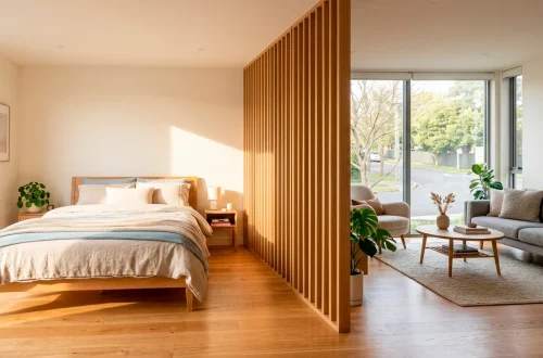 A modern wooden slat room divider separating a bedroom and living room in a small, sunlit studio apartment.