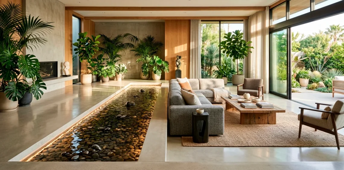 Wide view of a modern living room featuring a beautifully lit recessed floor fountain with smooth river stones.