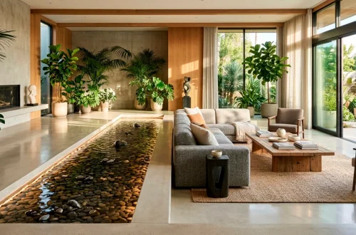 Wide view of a modern living room featuring a beautifully lit recessed floor fountain with smooth river stones.