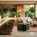 Wide view of a modern living room featuring a beautifully lit recessed floor fountain with smooth river stones.