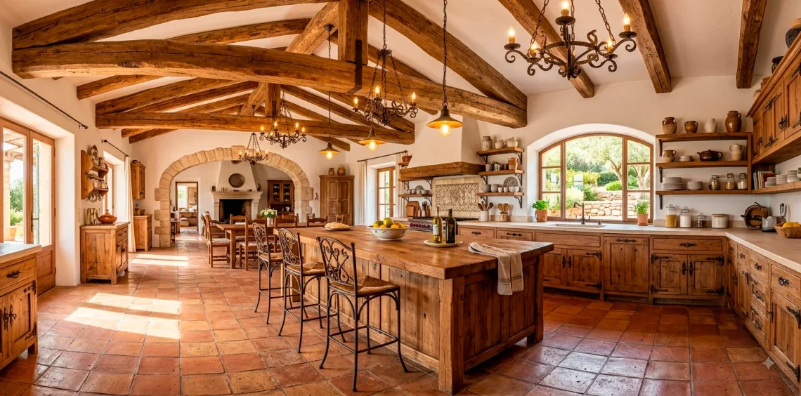 Stunning Mediterranean kitchen featuring warm reclaimed wood beams, terracotta floors, and elegant wrought iron lighting.