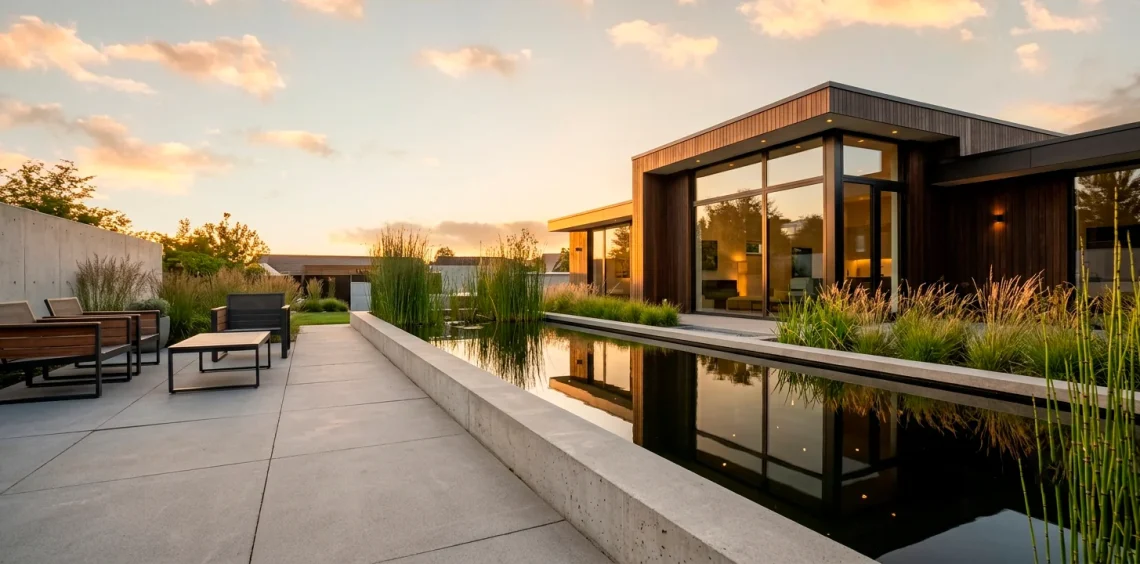 Sleek modern geometric pond reflecting a contemporary backyard patio during golden hour