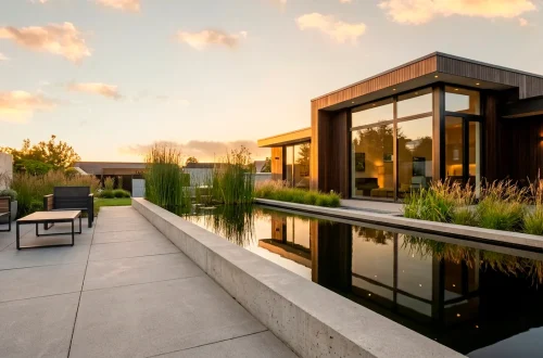 Sleek modern geometric pond reflecting a contemporary backyard patio during golden hour