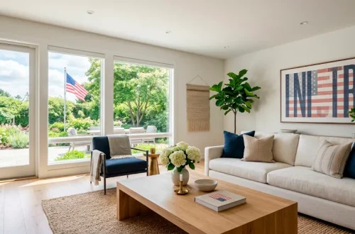 Modern living room featuring subtle Memorial Day decor and elegant oversized typography art hung above a linen sofa.