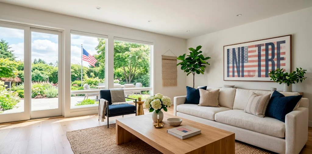 Modern living room featuring subtle Memorial Day decor and elegant oversized typography art hung above a linen sofa.