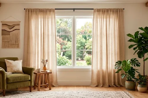 Beautifully hung linen curtains in a sunlit renter-friendly living room using a tension rod