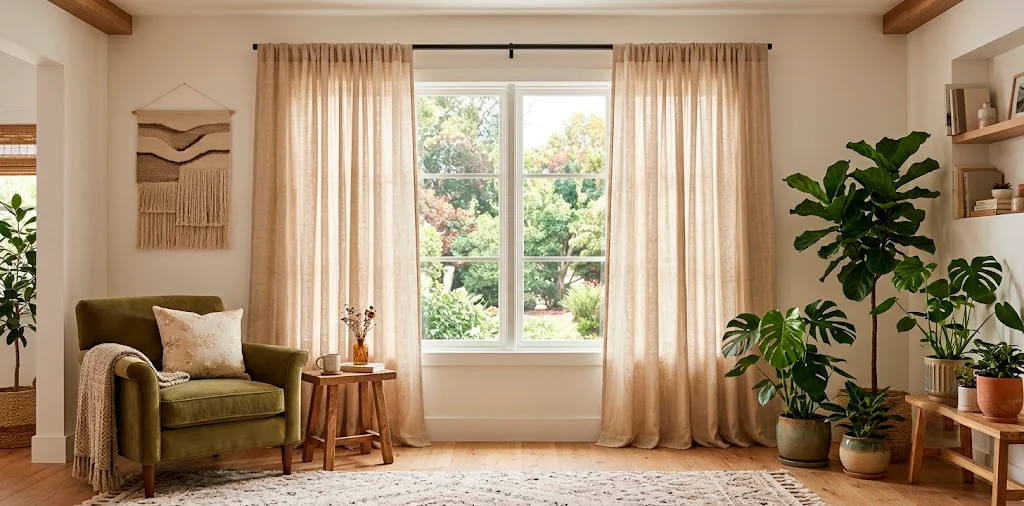 Beautifully hung linen curtains in a sunlit renter-friendly living room using a tension rod
