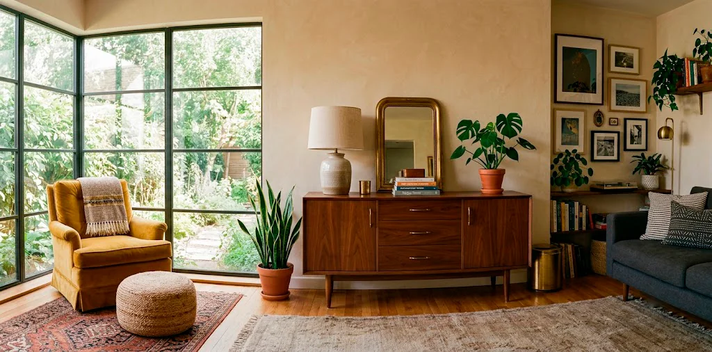 Restored vintage wooden credenza in a stylish, cozy living room bathed in natural sunlight.