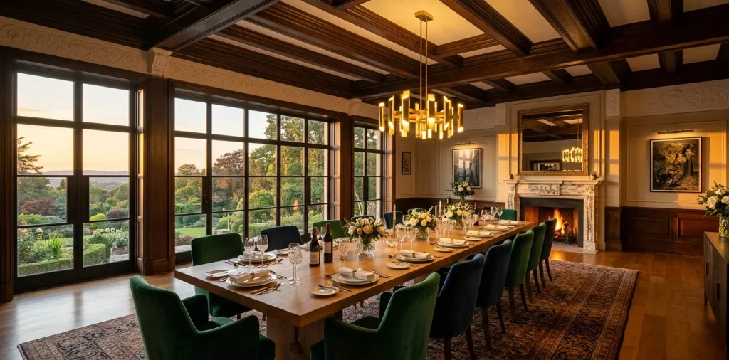 Luxurious dining room featuring a dark wood coffered ceiling and glowing modern chandelier over an oak table.