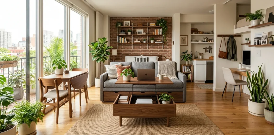 Wide view of a highly organized, stylish small studio apartment featuring dual-purpose furniture like a storage sofa and lift-top coffee table.