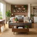 Wide view of a highly organized, stylish small studio apartment featuring dual-purpose furniture like a storage sofa and lift-top coffee table.