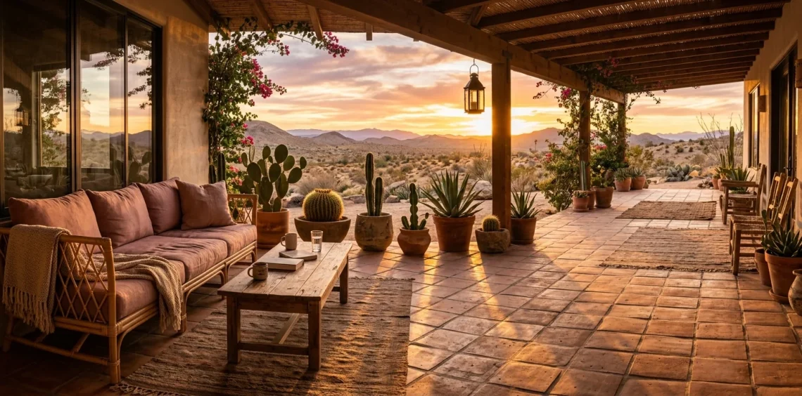 Warm desert style porch featuring terracotta tiles and dusty rose cushions