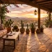 Warm desert style porch featuring terracotta tiles and dusty rose cushions