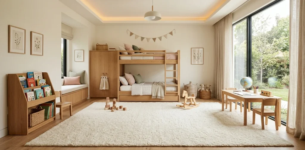 High-end luxury kids bedroom featuring a beautiful plush area rug and modern oak furniture