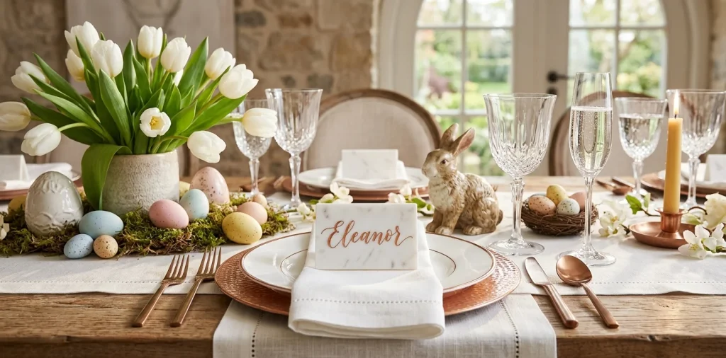 Luxurious Easter table setting with marble and copper place cards alongside fresh tulips and crystal glassware.