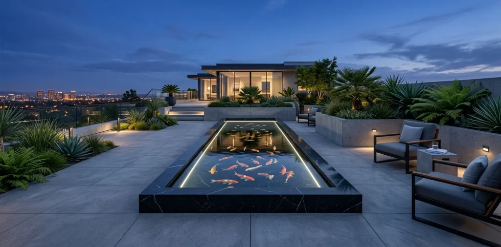 Wide horizontal view of a modern geometric fish pond on a contemporary terrace with koi and LED lighting.