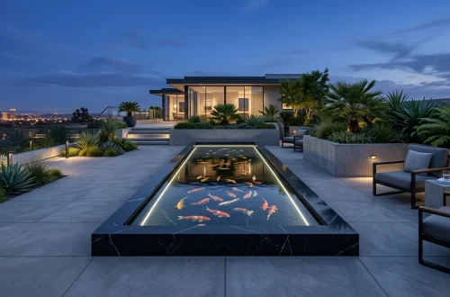 Wide horizontal view of a modern geometric fish pond on a contemporary terrace with koi and LED lighting.