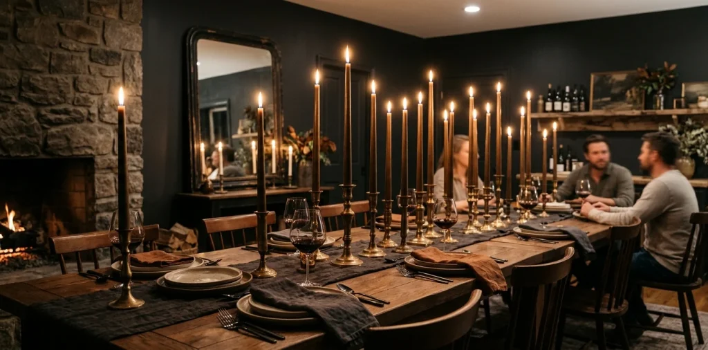 Oversized taper candles anchoring a beautifully styled modern dining table centerpiece with a moody glowing aesthetic.