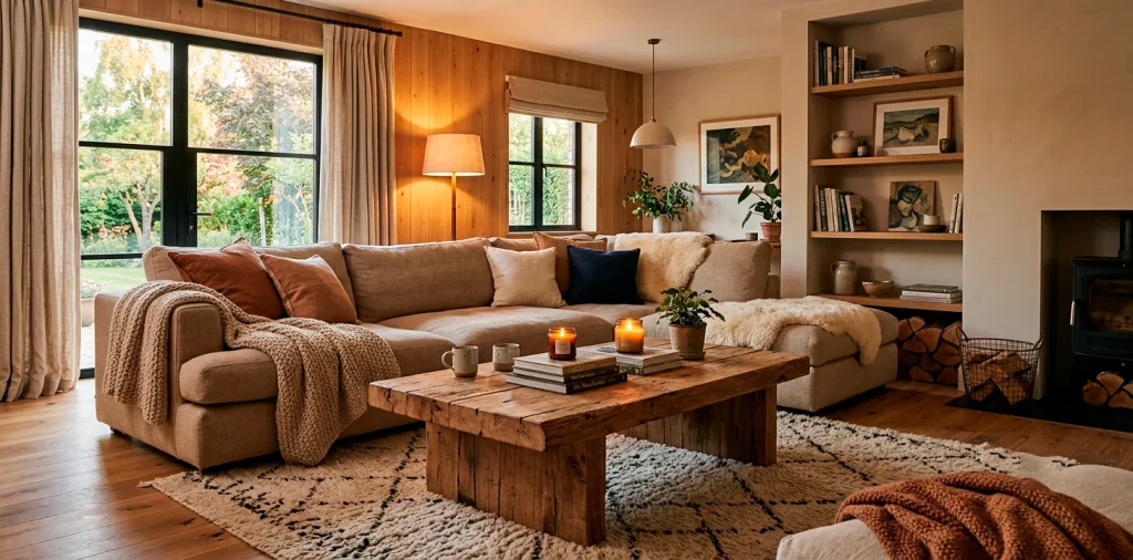 Cozy living room with reclaimed wood coffee table and rustic decor accents