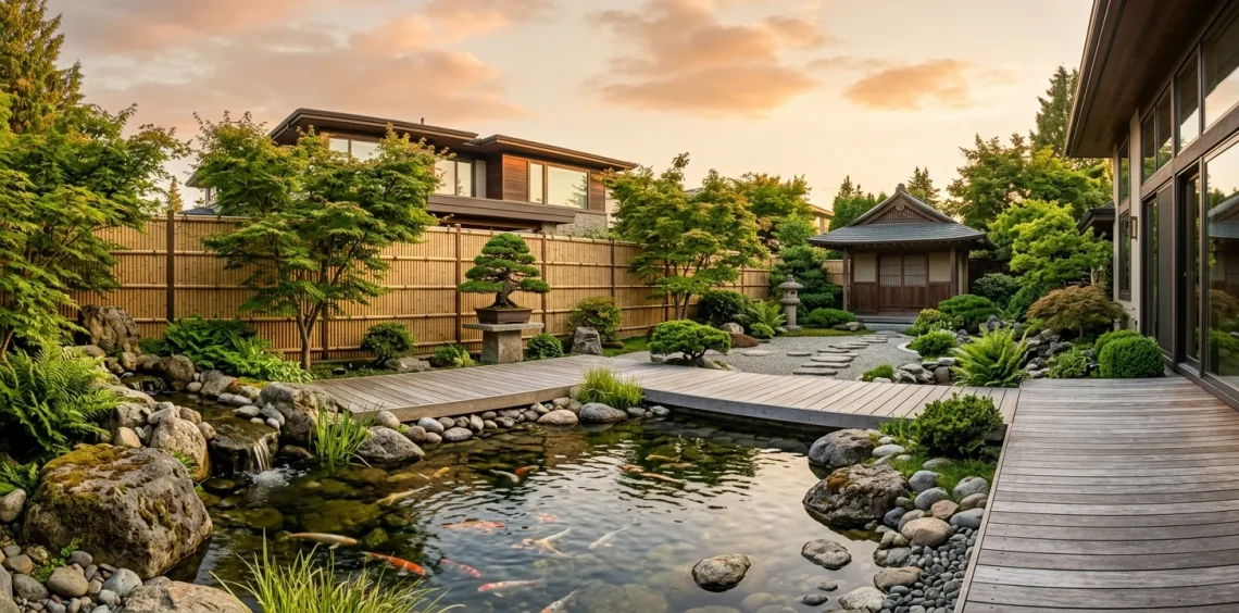 Tranquil Japanese-inspired modern backyard with koi pond, bamboo fencing, and wooden decking at sunset.