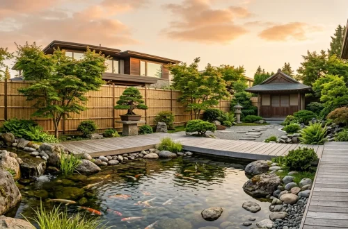 Tranquil Japanese-inspired modern backyard with koi pond, bamboo fencing, and wooden decking at sunset.