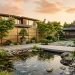 Tranquil Japanese-inspired modern backyard with koi pond, bamboo fencing, and wooden decking at sunset.