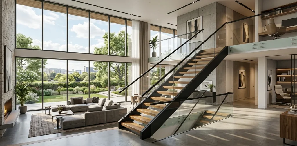 Modern duplex interior showcasing a stunning glass and steel staircase bathed in natural sunlight.
