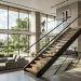 Modern duplex interior showcasing a stunning glass and steel staircase bathed in natural sunlight.