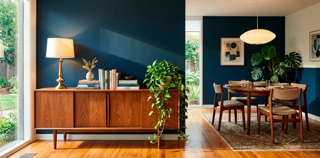 Wide view of a beautiful mid-century modern walnut sideboard in a stylish dining room with navy walls