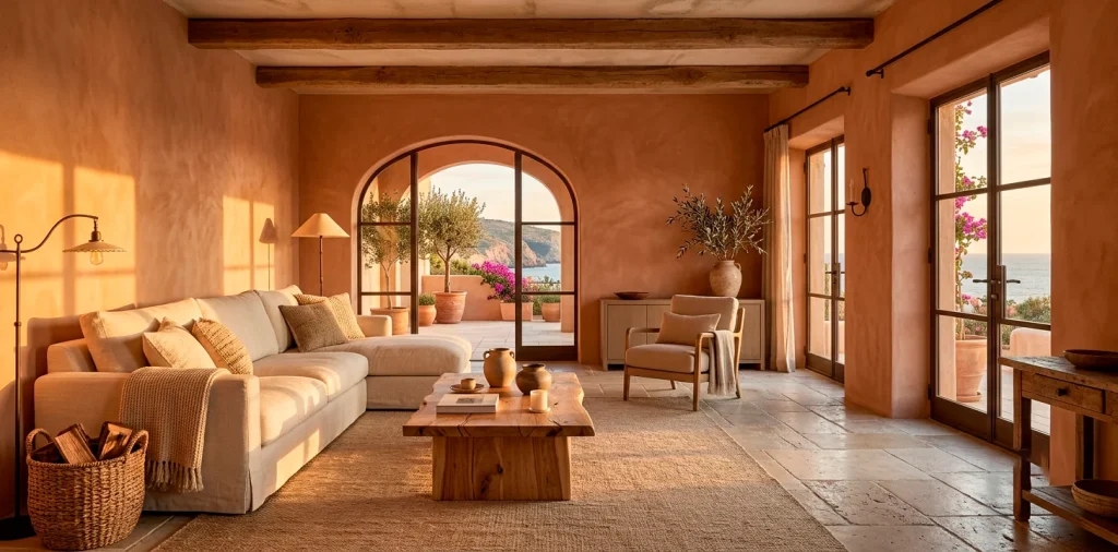 Earthy Mediterranean living room featuring terracotta plaster walls, an olive wood coffee table, and a cream linen sofa.