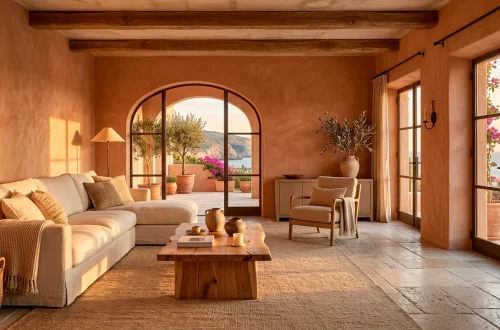 Earthy Mediterranean living room featuring terracotta plaster walls, an olive wood coffee table, and a cream linen sofa.