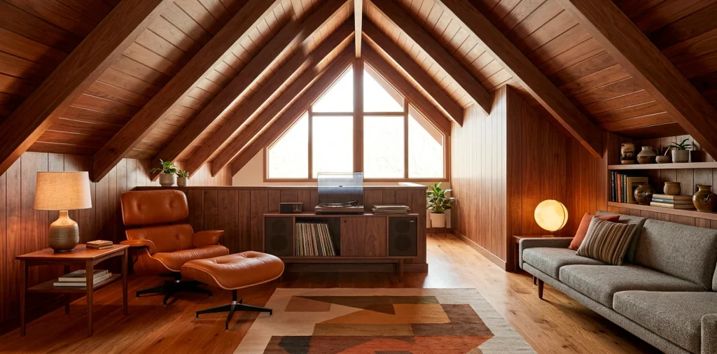 Mid-Century Modern attic interior featuring warm walnut wood paneling, retro furniture, and cozy architecture.