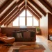 Mid-Century Modern attic interior featuring warm walnut wood paneling, retro furniture, and cozy architecture.