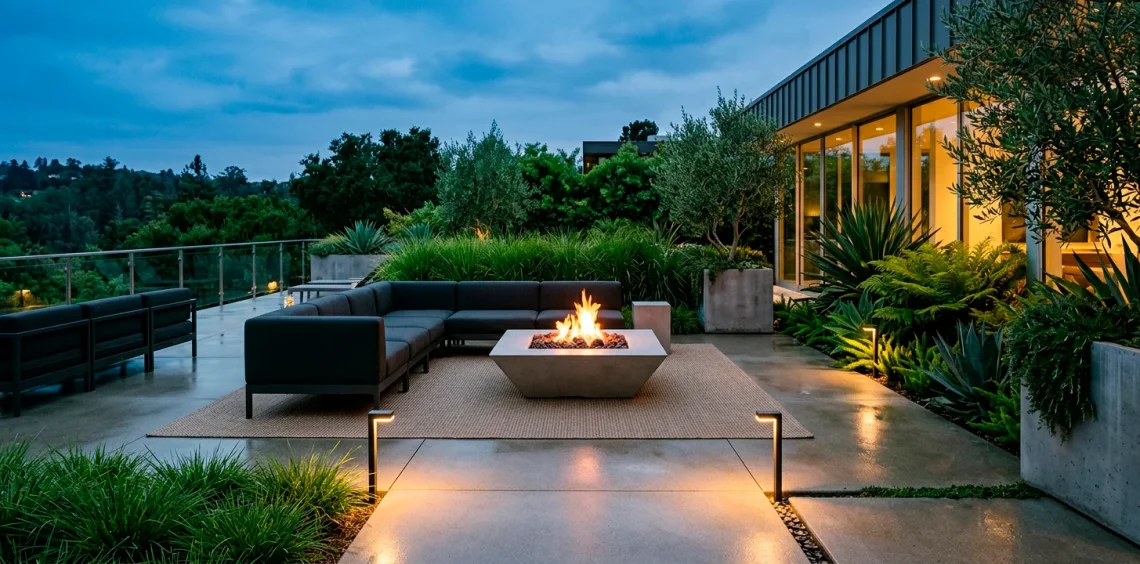 Luxurious modern minimalist patio at twilight with concrete fire pit and modular seating
