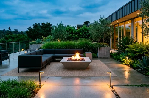 Luxurious modern minimalist patio at twilight with concrete fire pit and modular seating