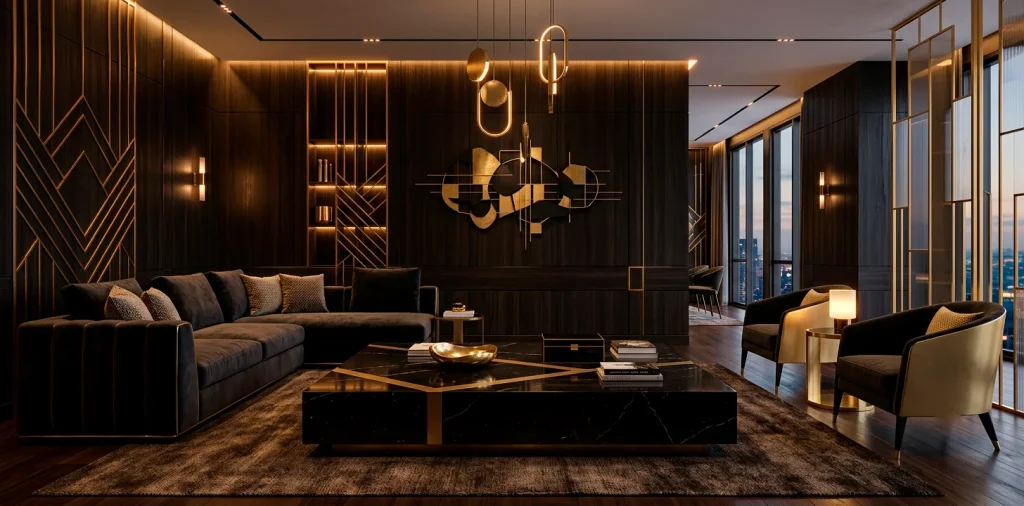 Luxurious living room featuring dark ebony wood furniture and elegant golden metallic decor accents.