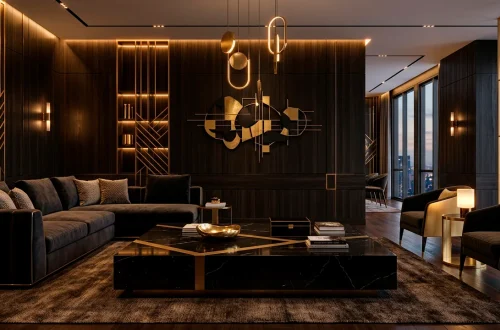 Luxurious living room featuring dark ebony wood furniture and elegant golden metallic decor accents.