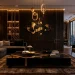 Luxurious living room featuring dark ebony wood furniture and elegant golden metallic decor accents.