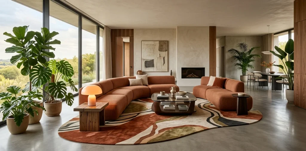 A highly realistic modern 2026 living room featuring a curved terracotta modular sofa, statement rug, and warm ambient lighting.