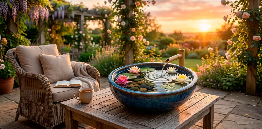 Beautiful ceramic tabletop water garden with floating lilies and a bamboo spout on a sunny outdoor patio.