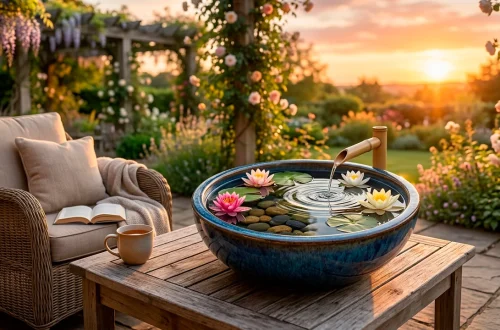 Beautiful ceramic tabletop water garden with floating lilies and a bamboo spout on a sunny outdoor patio.